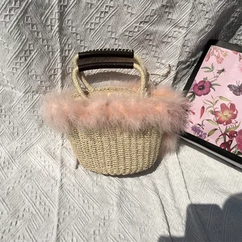 Бохемско перо сламена чанта Модни щраусови чанти за коса Летни туристически плажни чанти за жени 2023 Марки Faux кожа ратан чанта шик
