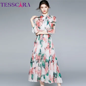 TESSCARA жени лятна елегантна флорална рокля Festa високо качество дълго сватбено тържество халат Femme реколта дизайнер шифон вестидос