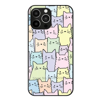 Silent Cats пастелно стъкло случай за Apple Iphone 14 13 Pro 11 12 7 8 Plus Xr X Xs Max 6S 5S закалено телефон капак котки котка коте