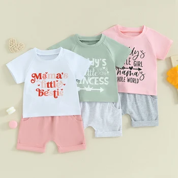 FOCUSNORM 0-3Y Летни бебешки момичета момчета дрехи комплекти 2бр къс ръкав писма печат тениска с ластик талия шорти