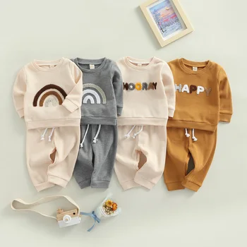Citgeett Есенно бебе новородено бебе момичета момчета дрехи комплект писмо дъга модел дълъг ръкав пуловер + еластична талия панталони