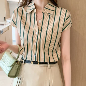 2023 Нова шифон лятна дамска блуза Случайни мода простота върховете ивица къс ръкав завой надолу яка риза