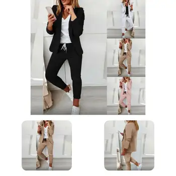 1 комплект атрактивен блейзър панталони улично облекло дамски костюм комплект дълъг ръкав дишаща чист цвят тънък костюм комплект
