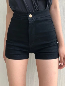 Корейски секси висока талия черни къси дънки за жени лято твърди кльощава горещи шорти всички мач еластичност улично облекло дънкови шорти
