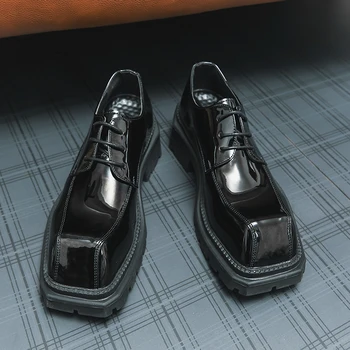 Paris Niche Square Toe Мъжки обувки Мъжки модни британски стил Дебело дъно Нисък връх Мъжки обувки Банкет парти Дерби обувки