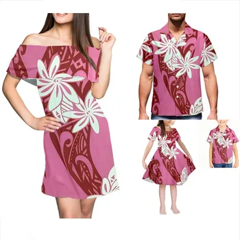 Семейство 4-парче плаж ваканция родител-дете облекло Хавай полинезийски печат жените извън рамото секси мини рокля съвпадение семейство