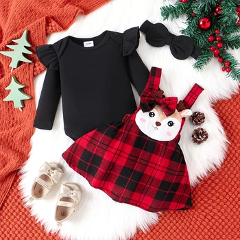 ma&baby 0-18M Коледа новородено бебе момиче дрехи комплекти дълъг ръкав къдрава гащеризон карирана елен пола облекло Коледа костюм D05