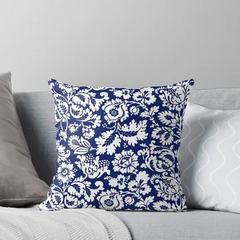 William Morris Floral Damask, Cobalt Blue and White Throw Pillow Embroidered Cushion Cover pillow pillow