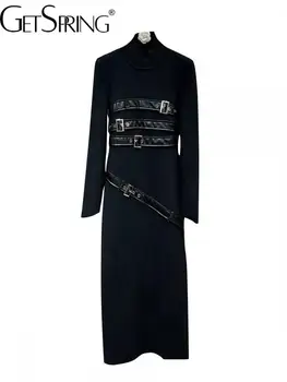 GetSpring Дамска рокля 2023 Есенна стойка яка пълен ръкав Multi Buckle колан мода всички мач дъно черна плетена рокля Ново