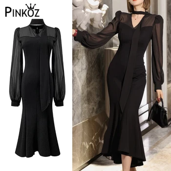 Pinkoz жени офис дама черен лигав русалка рокля лък яка дантела до пълен ръкав елегантен работно облекло пролет есен vestidos z