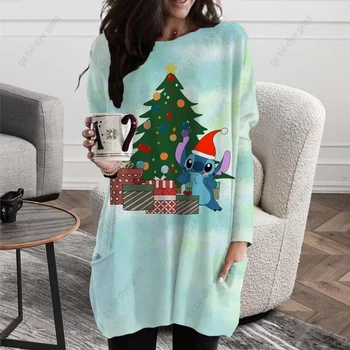 Disney Stitch Дамски свободно време мода Коледа печат дълъг ръкав средно дълъг джоб Топ мода прости дамски топ тениска
