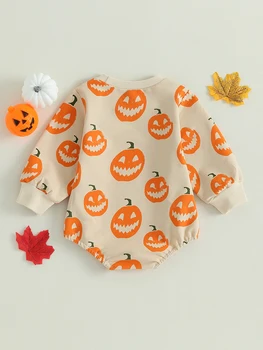Сладък костюм за Хелоуин за новородено бебе момче момиче тиква печат дълъг ръкав гащеризон есен гащеризон