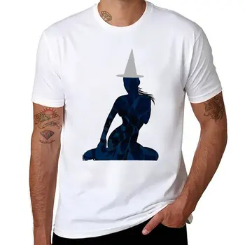 Ново Черен чувствен силует на вещица и синя далия с бяла шапка за Хелоуин тениска сладки дрехи извънгабаритни тениски за мъже
