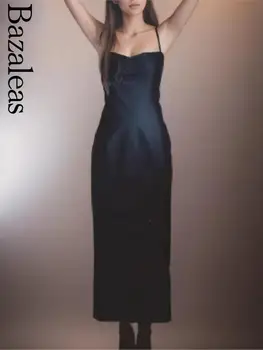bazaleas Store Traf Секси като копринени рокли Официална сатенена черна дамска рокля Елегантни парти рокли без гръб