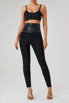 Черен PU кожени превръзки панталони жени есен 2023 Нова висока талия цип тънък молив панталон елегантен мода тесни панталони BA371
