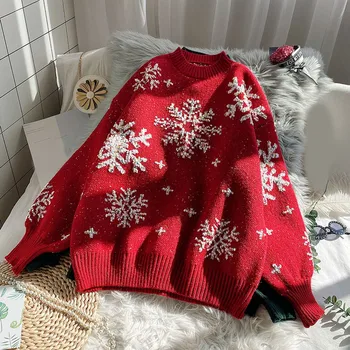 Коледен пуловер 2023 Жени Смешни снежинки печат хлабав кръг врата грозен коледен пуловер случайни пуловер плетени джъмпери