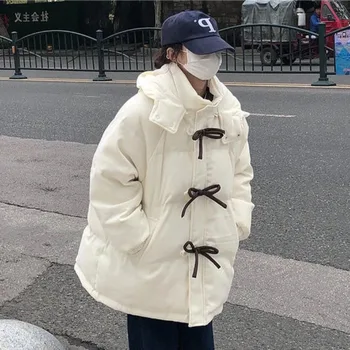 Kawaii палто Дамски папийонка Зимно яке 2023 Нова корейска Preppy стил удебелени качулка топли памучни палта якета за жени