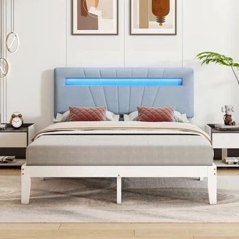 Дървено легло, двойно легло, тапицирана табла с LED светлинна лента в 7 цвята, легло за възрастни, борова рамка, бяло (140x200)
