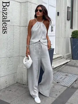 2023 Bazaleas Store Traf дамски оглавник Crop Top + Летни широки панталони за крака Комплект 2 части Комплекти Екипировки Официално облекло