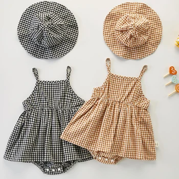 Детска момиче рокля гащеризон + шапка без ръкави памук каре лято корейски стил детски дрехи бебе момичета гащеризон