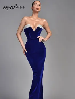 Секси Маркс рокля жените без презрамки без ръкави Rhinestone дизайн Bodycon дълбоко синьо дълга превръзка рокля вечерен клуб парти рокли