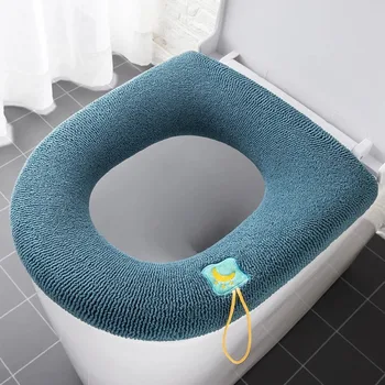 Пълнене на топла плюшена тоалетна седалка Cover Closestool Mat 1бр миещи се аксесоари за баня плетене чист цвят мека подложка биде капак