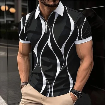 Поло риза мъжки цип поло врата голф риза модел печат геометрични линейни сгъваеми къс ръкав цип облекло върховете