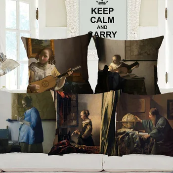 Европейски Йоханес Вермеер Живопис възглавница покритие кафе момиче китарист портрет изкуство декоративни възглавници за диван