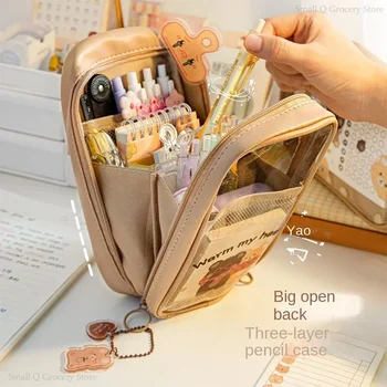 Lovely Bear прозрачен молив случай многослойни съхранение молив торбичка молив кутия сладък чанта училищни пособия Kawaii канцеларски материали