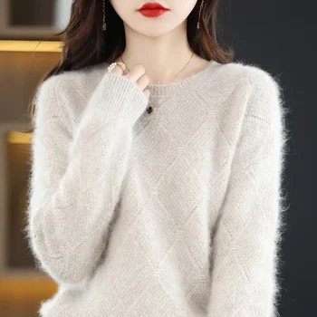 100% пуловер от норка кашмир Дамски пуловер за плетене О-образно деколте пуловер с дълъг ръкав Есенно и зимно облекло топъл топ