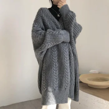 Плетена жилетка пуловер жени 2023 Нова есен корейска мода v-образно деколте плетена жилетка офис елегантен твърд случайни топло хлабав палто