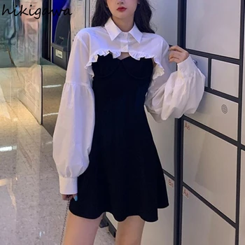 Hikigawa дамски дрехи комплекти фенер ръкав къси свободни ризи с черно твърдо 2023 корейски мода дамска рокля две части костюм