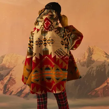 Дамски яке с качулка ретро печат дълъг ръкав ежедневни палта с рог катарама джоб нокът хлабав палта зимни дрехи 2023 палто