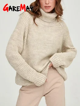 Топла жена зимен пуловер с поло дебел пуловер жени мек хлабав плетен извънгабаритен пуловер твърд дълъг ръкав отгоре случайни 2023