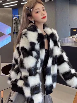 висок клас 2023 есен зима шахматна дъска каре поло палто нов елегантен контраст цвят имитация кожа универсален топ за жени