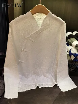 GVUW нагънат жените риза v-образно деколте дълъг ръкав плътен цвят случайни възел бутони елегантен универсален блуза женски нов 2024 17G4261