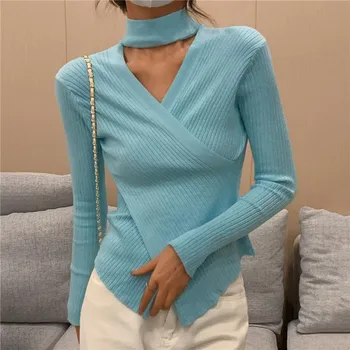2024 Тънък тънък оглавник кухи пуловер жени дълъг ръкав трикотажен пуловер плътен цвят секси случайни отгоре пролет есен долна риза