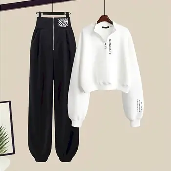 Y2k Улично облекло Качулки + Ежедневни Sweatpants Костюм Жени 2024 Есенни пуловери с цип Суитшърти Harajuku Комплекти от две части Kpop