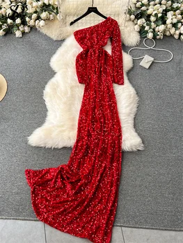SINGREINY Мода Пайети Пенлива вечерна рокля 2023 Висококачествена наклонена черта на врата тънък дизайн на опашката Франция есенна лъскава дълга рокля