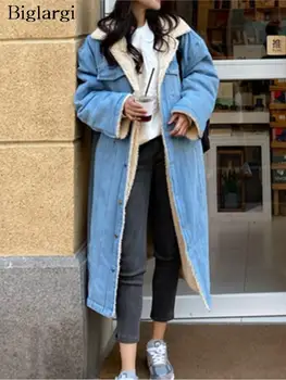 Деним Теди пачуърк есен зима дълго палто жени хлабав корейски дамски якета дълъг ръкав мода случайни женски палта 2023