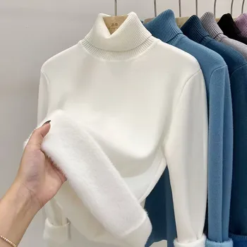 Корейски водолазка тънък сгъсти плетени пуловери жена 2024 зима плюс кадифе пуловер случайни руно облицовани топли трикотажни върхове