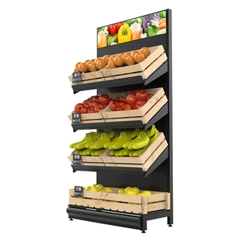 Плодове и зеленчуци дисплей багажник единични / двойни страни 4 нива дървена стомана супермаркет рафтове магазин за дребно гондола рафт
