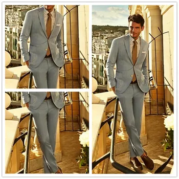 Tailored Light Gray италиански стил младоженец смокинг мъже костюми 2бр (яке + панталони + вратовръзка) сватба абитуриентски ежедневни нетактичност панталони костюм Homme