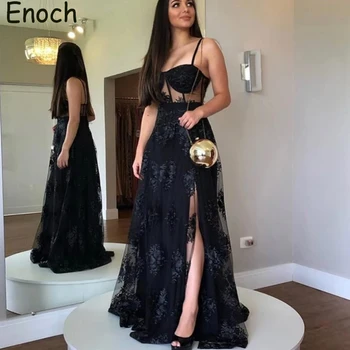 ENOCH Модерни абитуриентски рокли от органза Странични сплит спагети презрамки дантела апликации Дължина на пода Вечерни рокли Илюзия فساتين السهرة