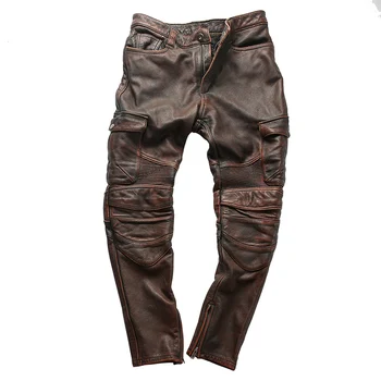 Реколта мотоциклет Biker панталони мъже естествена телешка кожа панталони мъже кожа Pant ездадебел азиатски размер 5XL