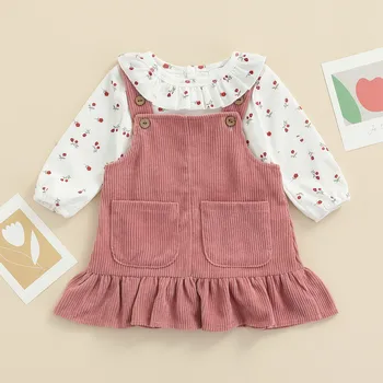 Бебе бебе момиче пола комплекти есенни дрехи дълъг ръкав флорални бодита върховете и плътен цвят разрошена рокля бебе облекло новородено