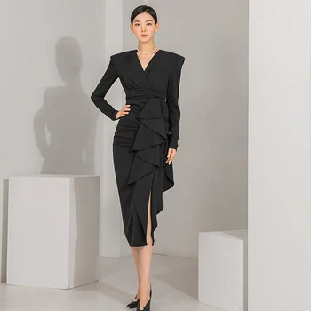 Есен Зима Нова корейска мода Елегантен тънък секси разрошен подгъв цепка рокля V врата дълъг ръкав парти рокли за жени 2023