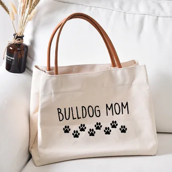 Булдог мама отпечатани чанта голяма пазарска чанта подарък за любителите на кучета жени дама мода платно плаж чанта работа чанта случайни чанта