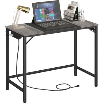 HOOBRO Компютърно бюро, Бюро за домашен офис с електрически контакт, Модерно бюро за писане с 3 куки за учебна стая, Домашен офис