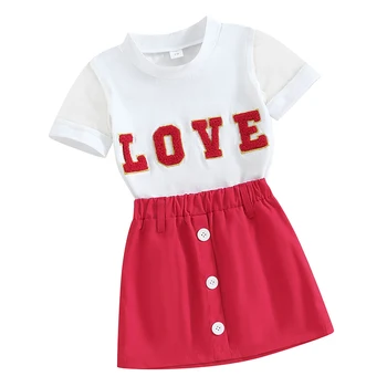 Малко дете бебе момиче Свети Валентин облекло 2 парче бебе малки деца къс ръкав любов риза ластик пола комплект